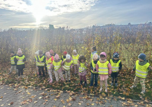 Dzieci w kamizelkach odblaskowych podrzucają do góry jesienne liście