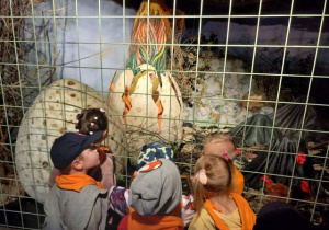 Dzieci oglądają jak wykluwa się dinozaur