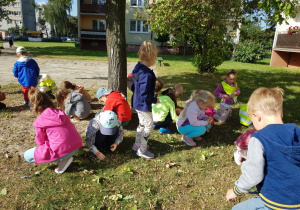 W drodze powrotnej do przedszkola zatrzymały się, aby pozbierać żołędzie.