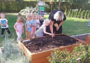 Dzieci sadzą cebulki kwiatowe