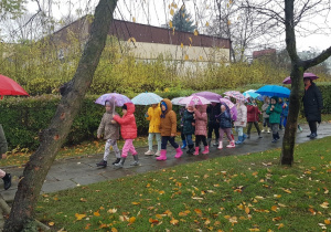 Dzieci spacerują w ogrodzie przedszkolnym.