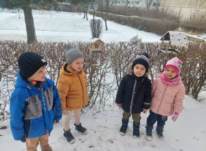 Dzieci z grupy Motylki dokarmiają ptaszki