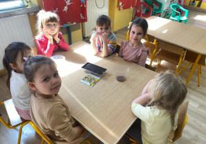 Dzieci w sali przedszkolnej wysiewają nasiona: kiełki lnu, rzodkiewki, bazylii.